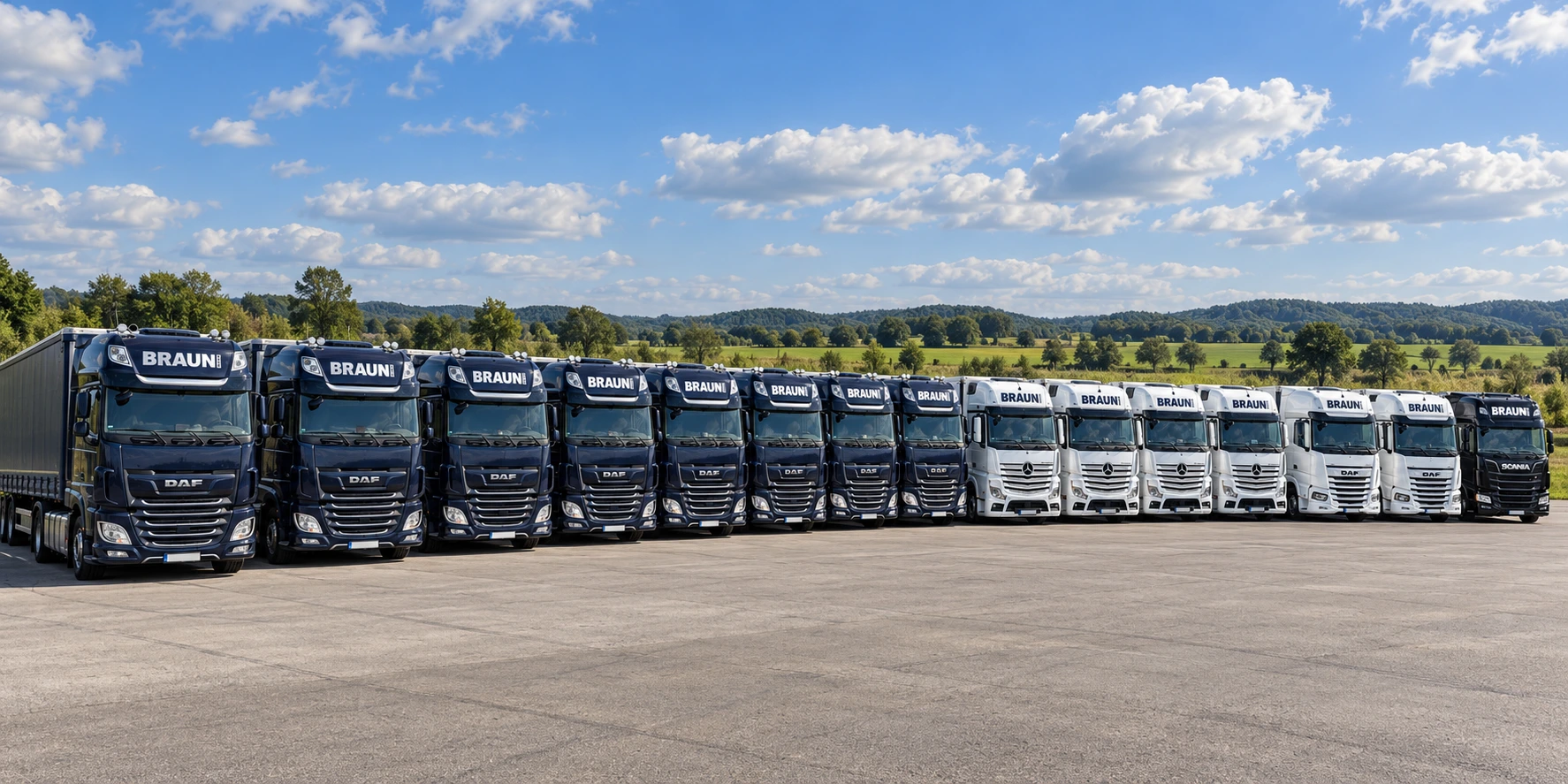 Generierte Fuhrpark-Visualisierung: 15 Lkw in einer Reihe vor grünen Feldern und blauem Himmel